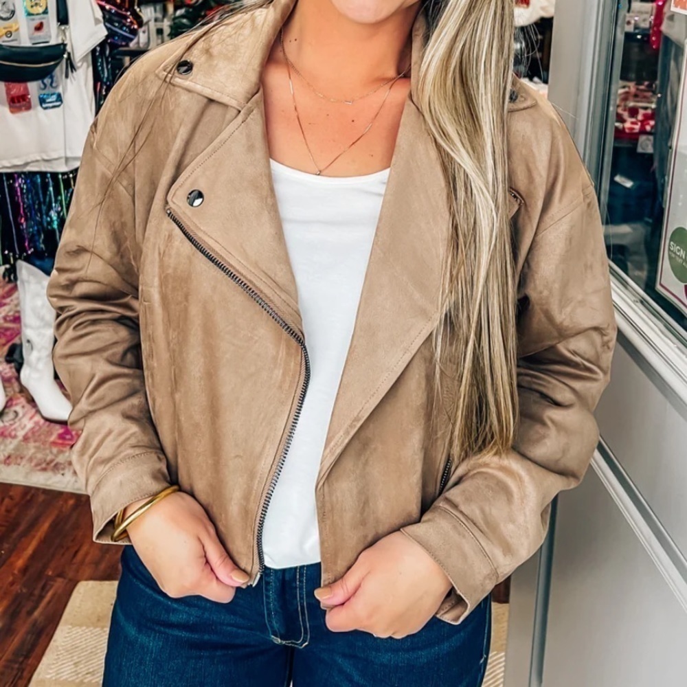 NWT Kut From The Kloth Bessie Faux Suede Moto Jacket Tan
